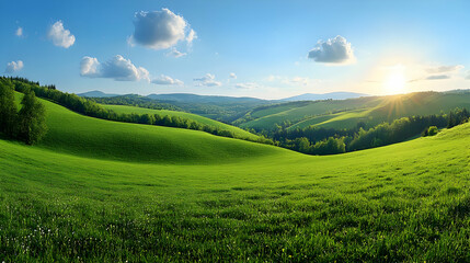 Fototapeta premium Green hills meet blue sky in a vibrant landscape under the setting sun.