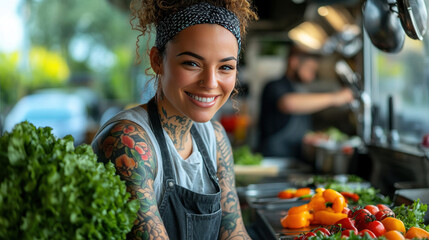 A person with tattoos cooking gourmet meals in a food truck, engaging warmly with customers