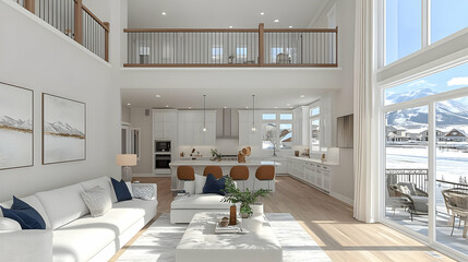 Modern Open-Concept Living Room with High Ceilings Showcases Winter Views Through Large Windows