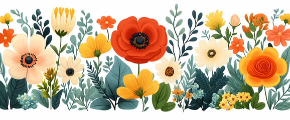Obraz premium Vibrant Floral Border with Poppies Anemones and Dahlias