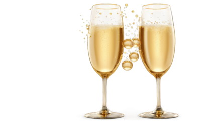 Two Champagne Glasses Clinking with Golden Bubbles Celebratory Toast Isolated on on transparent background PNG