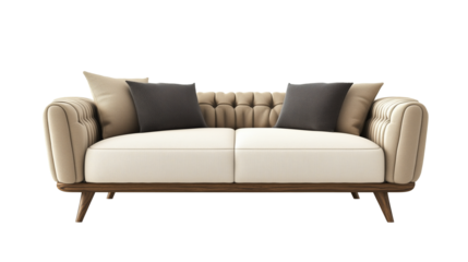 Elegant modern beige sofa with wooden legs and decorative cushions on transparent PNG background, perfect for interior design, composition, and home decor projects