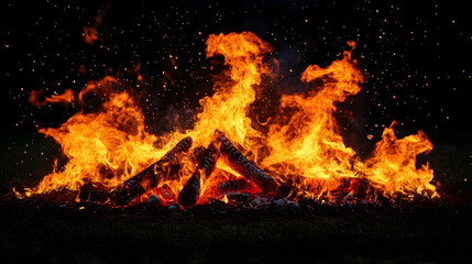 Obraz premium Bonfire Burns Brightly in the Night with Embers and Flames Reaching High