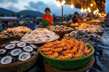 Fototapeta premium A bustling fish market with baskets overflowing with fresh seafood, including shrimp, crabs, and fish of all sizes