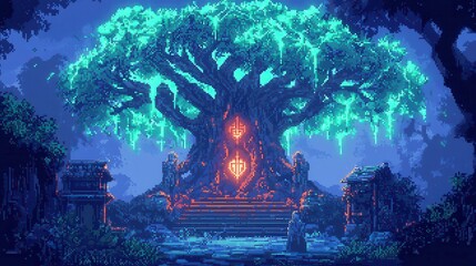 Obraz premium Ancient Wisdom's Guardian, a pixel art masterpiece featuring a colossal tree adorned with luminous runes, embodying the knowledge of ages past in a vibrant, enchanting landscape.