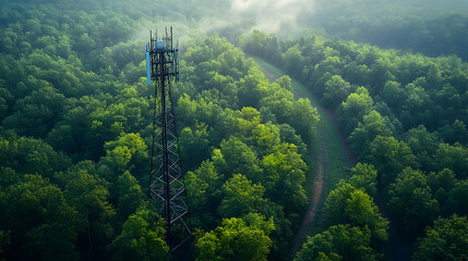 Obraz premium Telecommunications Tower Stands Tall Amidst a Lush Green Forest Canopy with Gentle Fog