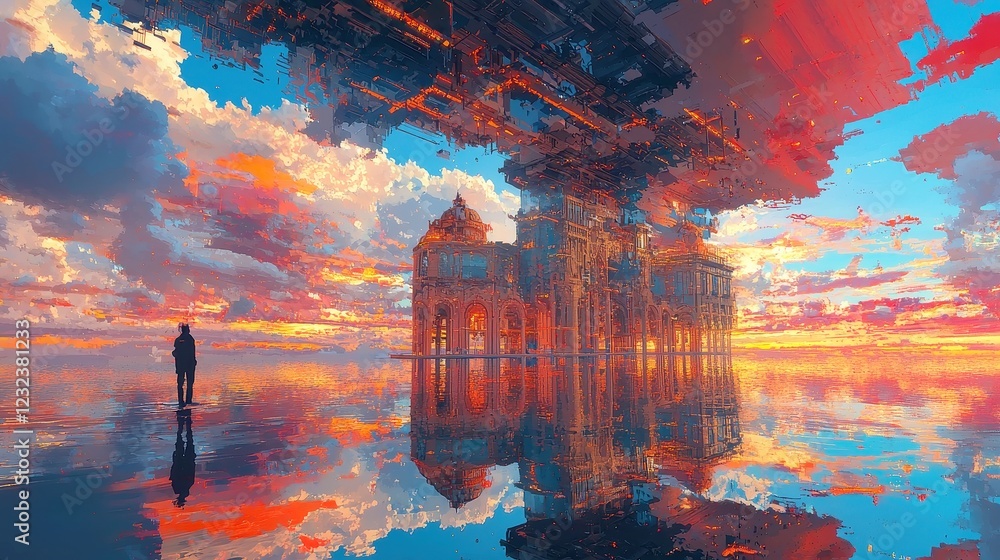 Poster mirrored realities, an intricate hall of mirrors reflecting alternate dimensions, vibrant pixel art 