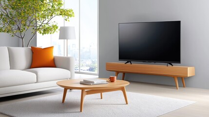 Cozy and inviting modern living room interior with comfortable furniture digital devices and natural elements creating a serene and connected home environment