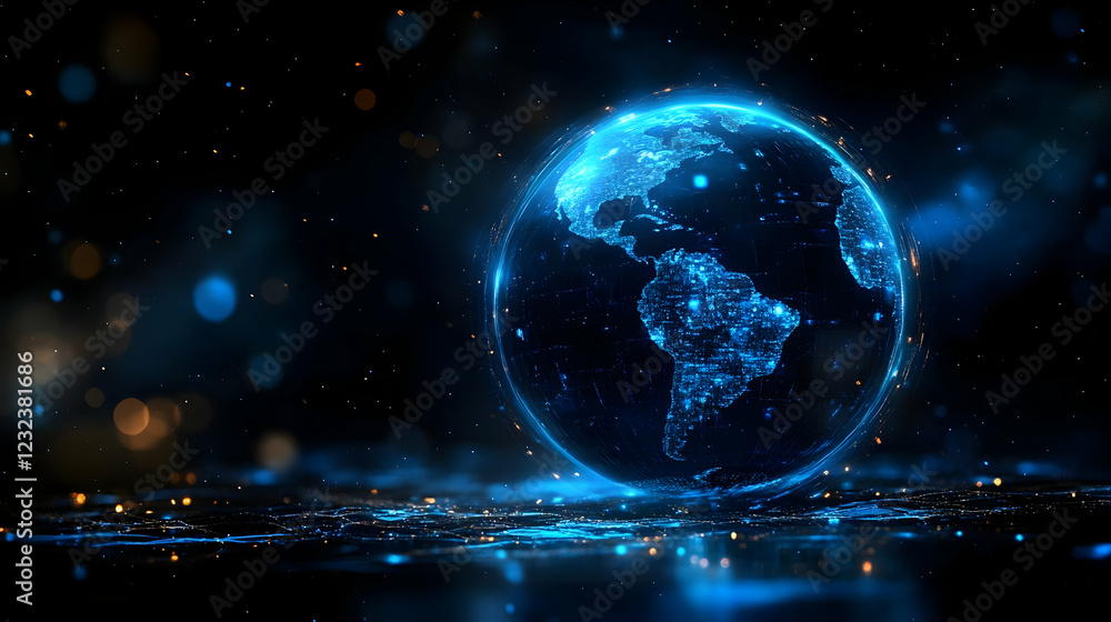 Poster glowing earth rotates slowly in space with particles and light effect abstractly