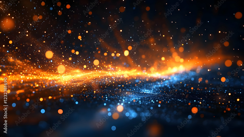 Poster abstract background with orange and blue bokeh lights with glitter and sparkle effect