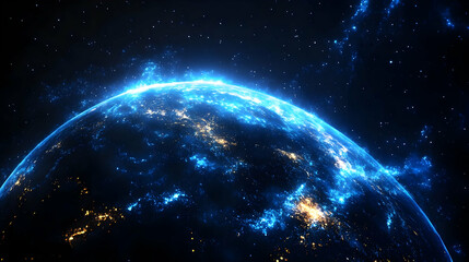 Obraz premium Planet Earth glows with electric blue energy and city lights illuminates the dark side of the world in space.