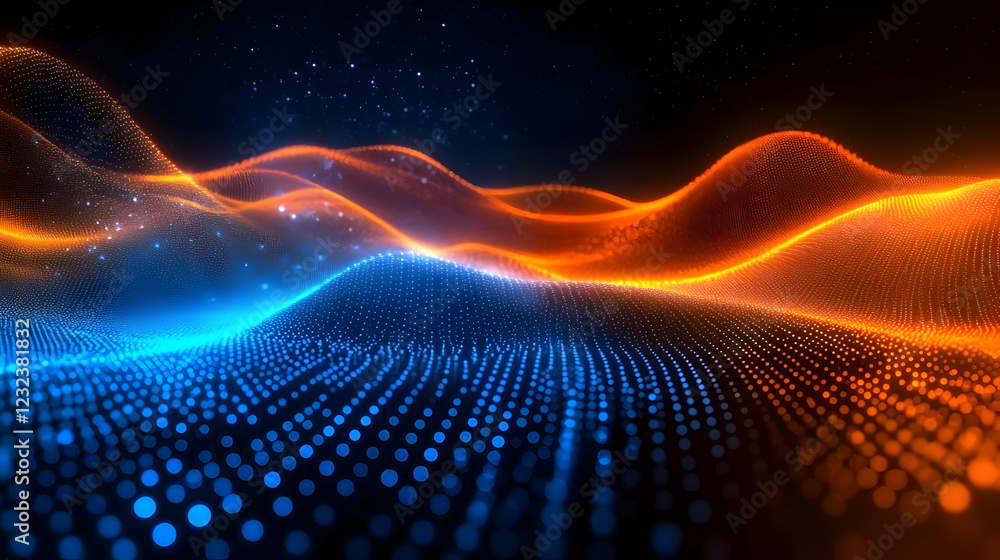 Poster abstract blue and orange particle waves flowing smoothly across a dark background