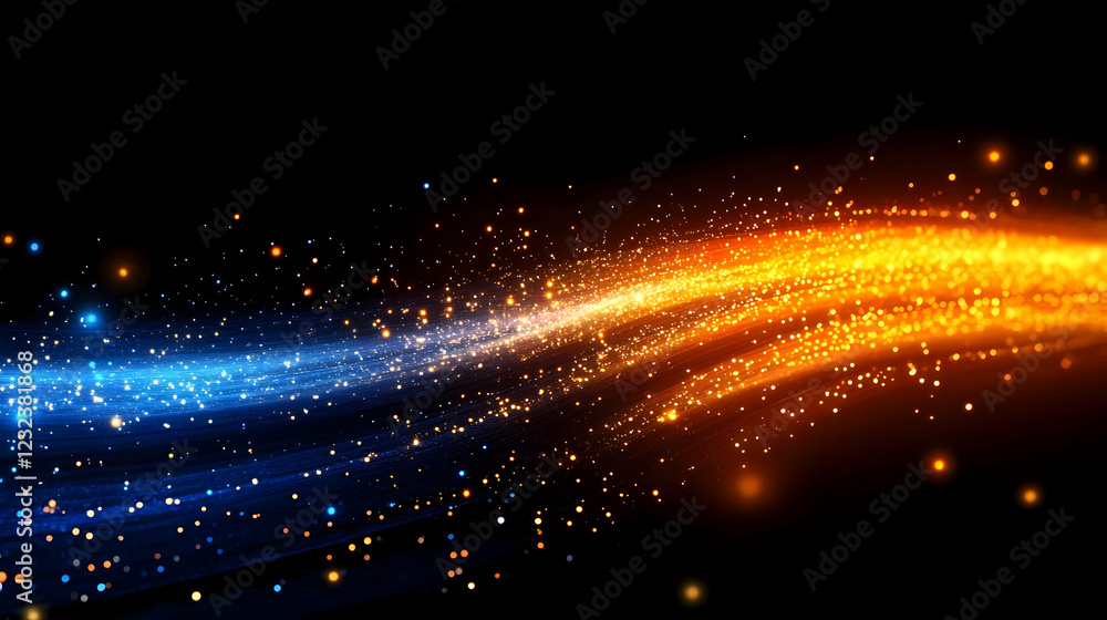 Poster abstract background with orange and blue particles flowing smoothly across a dark background
