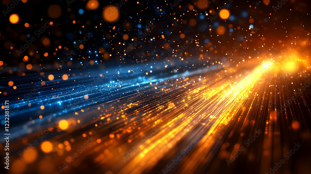 Poster abstract background with orange and blue light trails and bokeh effect