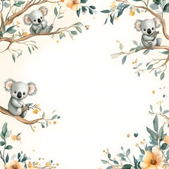 A cute bear frame illustration with nature elements like leaves and flowers in a cartoon style, perfect for a family card or decoration