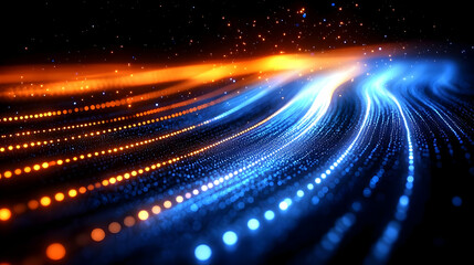 Abstract background with blue and orange glowing lines and particles creates dynamic futuristic design.