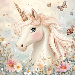 White horse with flowers in a cute and artistic style