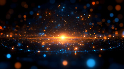 Fototapeta premium Abstract Background Shows Glowing Particles with Bokeh Effect and Dark Background