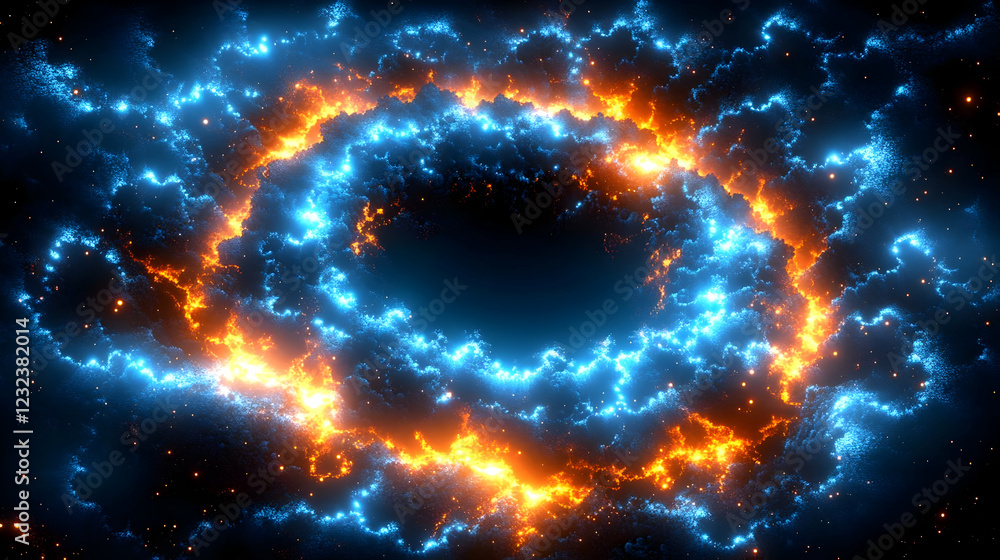 Poster abstract background forms a circular frame with fire and ice effects in dark space