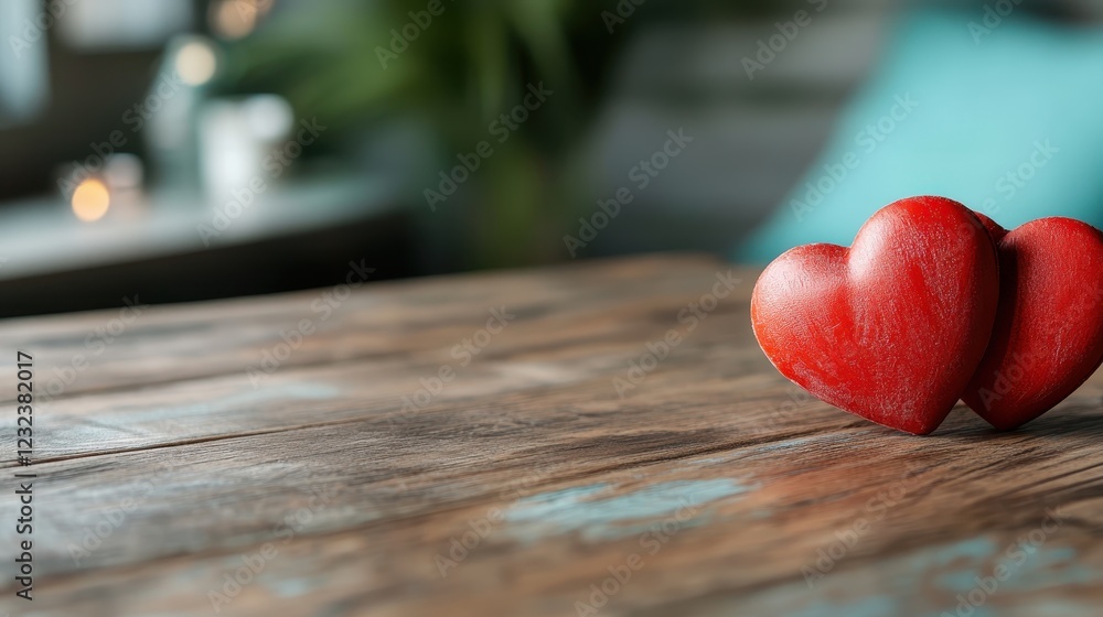 Poster this image features two red heart shapes placed closely together on a rustic wooden table, symbolizi