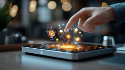 A digital transformation scene depicting a tablet device projecting a futuristic holographic interface filled with data visualization connectivity and technology elements
