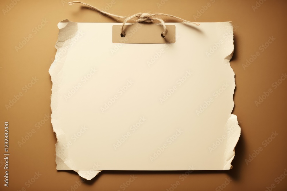 Poster white sheet of paper with torn edges hanging on brown background with string, providing copy space f