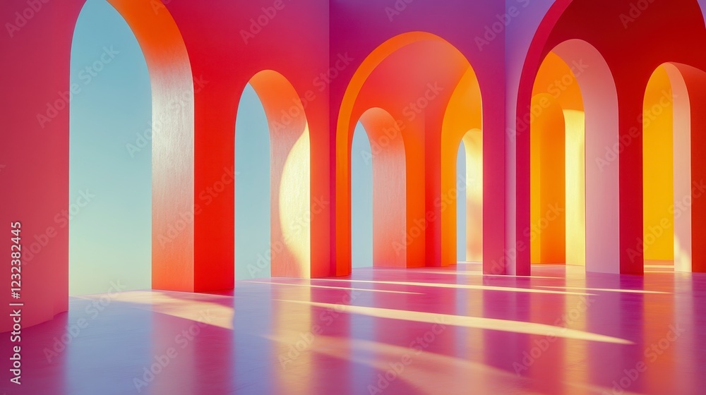 Poster abstract architectural rendering featuring vibrant, multicolored arches in a row, casting warm light