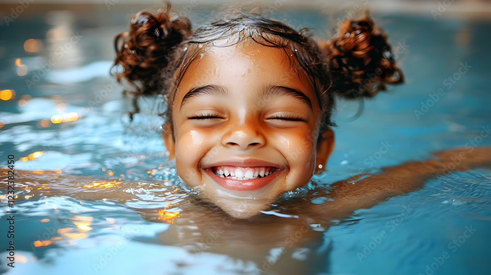Poster smiling child enjoys swimming in pool with eyes closed and reflected lights on water surface.