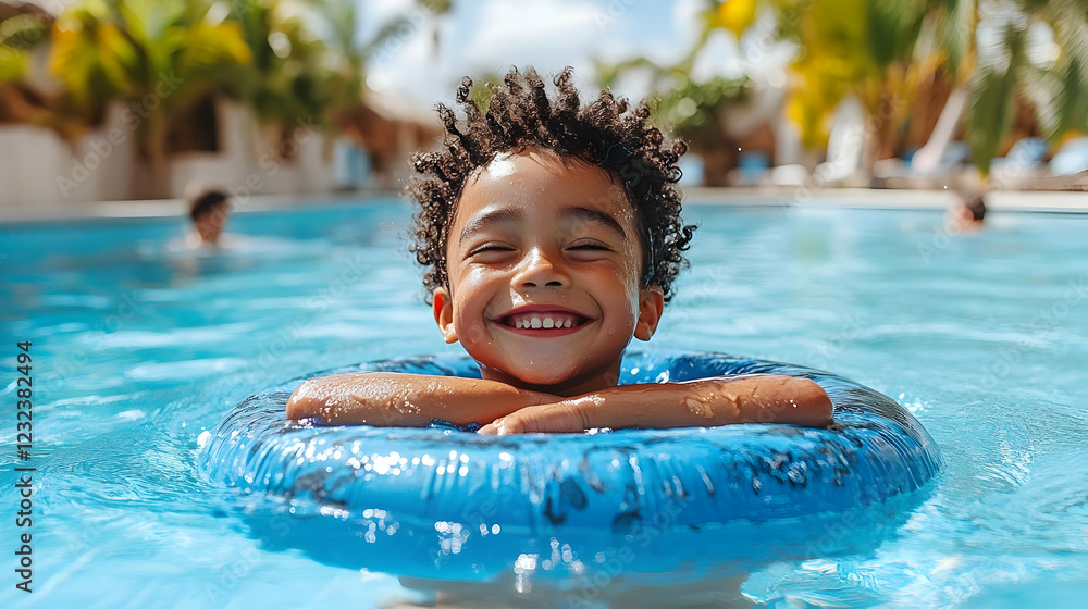 Poster smiling child enjoys pool time with inflatable ring in tropical paradise resort