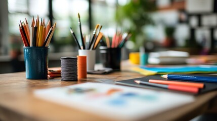 Obraz premium Close up view of art supplies on a wooden desk. Colored pencils, paintbrushes in containers, and sketchbooks are arranged on a light brown wooden