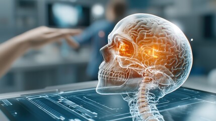 A digital rendering of a futuristic x ray scan showcasing the intricate structure of a glowing transparent human skull and brain  This innovative