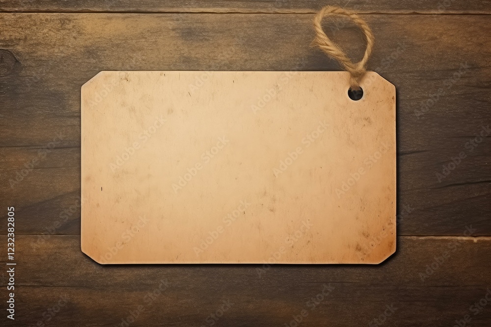Poster empty vintage tag with string laying on wooden background with copy space