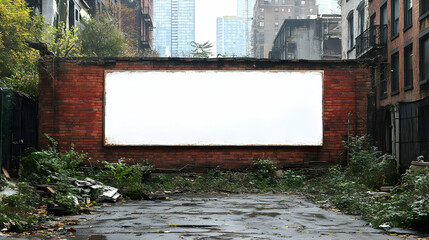Blank Billboard Displays on a Brick Wall in an Abandoned Alleyway with Overgrown Plants