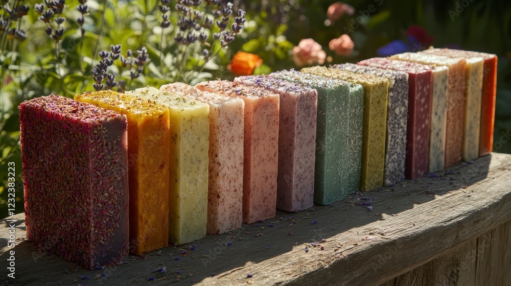 Poster assortment of colorful handmade soaps arranged on a stone surface outdoors, bathed in sunlight. each