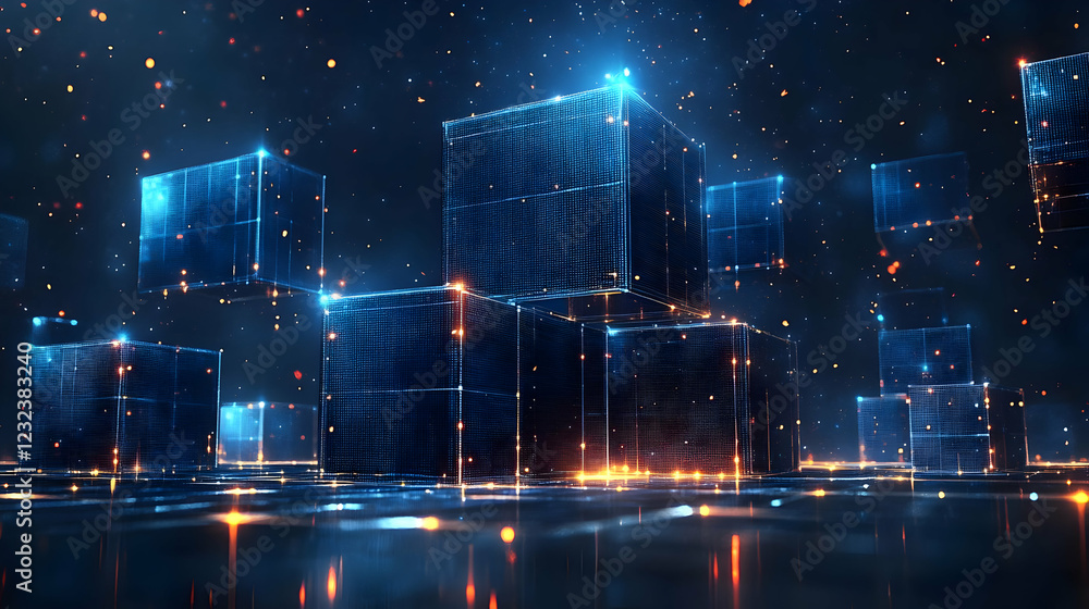 Aufkleber abstract 3d glowing cubes form a futuristic cityscape reflected on a dark surface with glowing parti