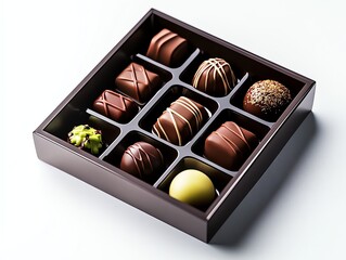 a chocolate box with assorted pralines, sweet love concept, highdetail render, rich brown tones, isolated on white background