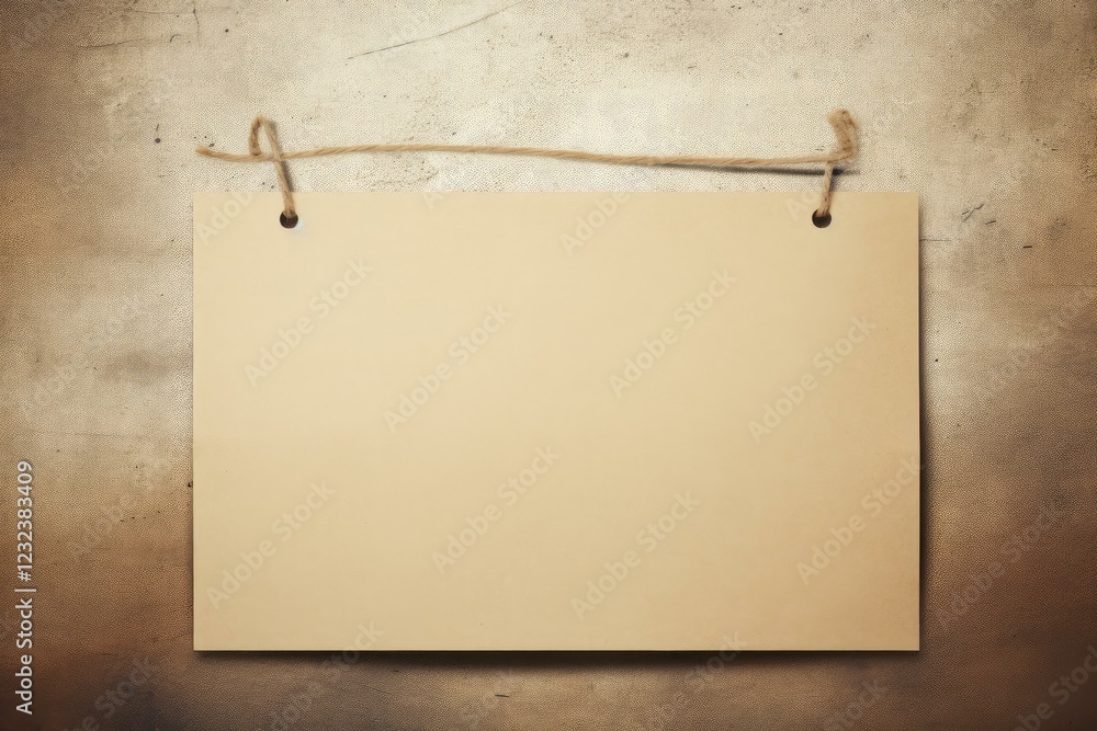 Poster empty paper sheet hanging on a string against a grunge background, providing copy space for text or 