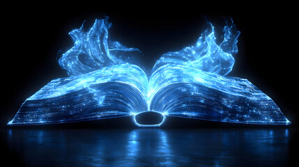 Obraz premium Glowing Blue Open Book with Magical Energy Radiating in a Dark Enchanting Space