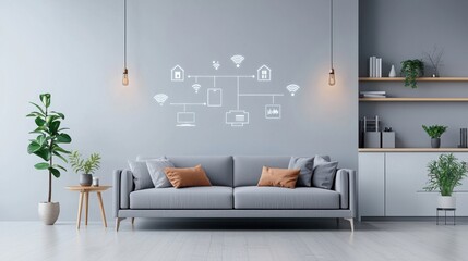 Cozy and stylish modern living room interior with glowing smart home technology icons and symbols showcasing the future of connected home automation and digital lifestyle