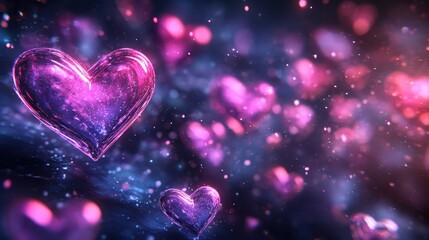 Glowing Pink and Purple Hearts Floating in a Dreamy Cosmic Space with Sparkling Stars and a Mystical Atmosphere