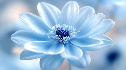 Obraz premium Soft Blue Flower Blooms Gently with Delicate Petals and Intricate Center in a Dreamy Light Blue Background