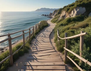 Obraz premium Coastal wooden path winding along the seafront, boardwalk, seasideresort, nautical, seaspray, seaside