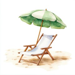 Relaxing beach chair with green umbrella on sandy shore, watercolor clipart