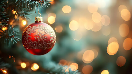 Red and Gold Christmas Ornament Hangs Beautifully on a Lit Christmas Tree with Soft Bokeh