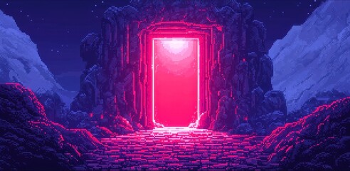 Enigmatic Portal, a solitary door stands in a desolate landscape, crafted in pixel art, inviting exploration into uncharted realms beyond imagination.