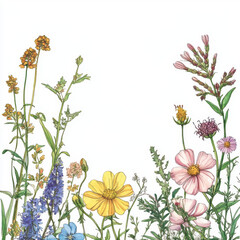 Colorful wildflowers in botanical illustration.