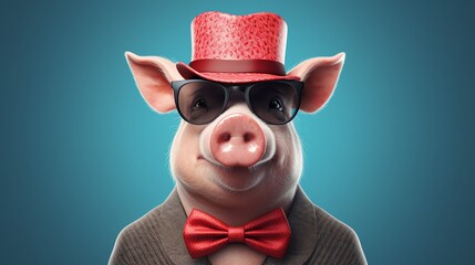 Trendy pig in stylish hat and sunglasses.