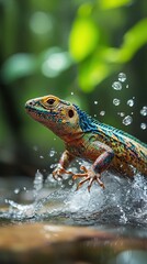 Fototapeta premium Colorful lizard walking through water with splash.