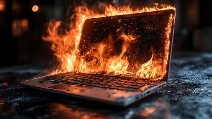 Laptop Engulfed in Flames on Dark Surface: A Photo of Destructive Fire Damage