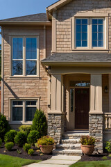 Obraz premium Stunning Suburban House Exterior: Stone Facade, Landscaped Garden, and Inviting Porch